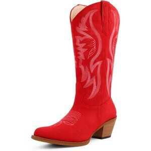 Women Red Mid Calf - Suede Cowgirl Boots Pointed Toe Chunky Heel Western